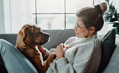 μια γυναίκα και ο σκύλος της κοιτάζονται στα μάτια