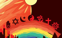 the sun shining down on a rainbow that holds symbols of numerous religions