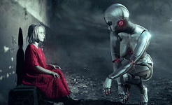 a young woman dressed in red sitting on a bench facing a supersized android