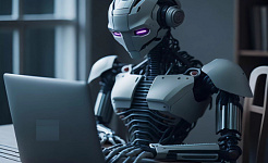 robot duduk di depan laptop dengan tangan di atas tombol