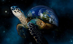 kabuğu Dünya Gezegeni olan gökyüzünde bir kaplumbağa