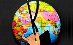 una mano que sostiene la batuta de un conductor superpuesta sobre el globo que muestra los países