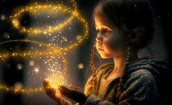 child with hands open to spiraling lights