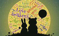 Winnie the Pooh dan Arnab duduk di hadapan glob yang ditutupi dengan perkataan Love Awakens within me, dsb.