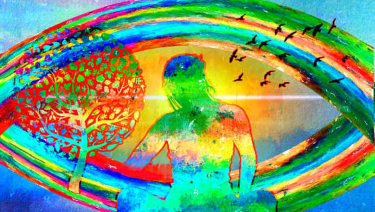 a watercolor of a woman sitting in meditation in the middle of a rainbow colored eye