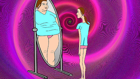 pessoa magra vendo um reflexo com excesso de peso no espelho