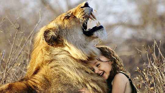 uma criança abraçando um leão que está rugindo