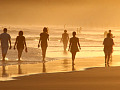 해변의 물가에서 맨발로 걷는 사람들