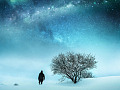 אדם ליד עץ חשוף בחורף, בלילה