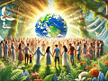 a large group of people in a circle holding hands with the globe of planet radiating in their midst