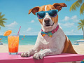 dog wearing sunglasses and with an orange drink in a glass with straw