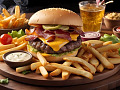billede af en dobbelt cheeseburger, pommes frites, cremet dip og meget mere