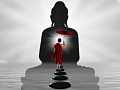 ライトアップされた仏陀の心に歩み寄る若い僧侶