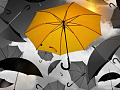 o umbrelă galben strălucitor printre umbrele negre