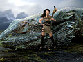 an Amazonian woman warrior standing next to a dragon