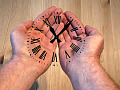 Manecillas abiertas con los números y agujas de un reloj superpuestos a las manecillas.
