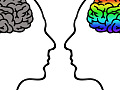 imagini cu două creiere: unul colorat, unul maro plictisitor