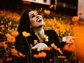 Eine Frau lacht in einem Feld leuchtend orangefarbener Blumen