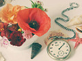 una flor de hibisco y un reloj de bolsillo