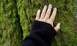 hand resting on the side of a mossy tree trunk