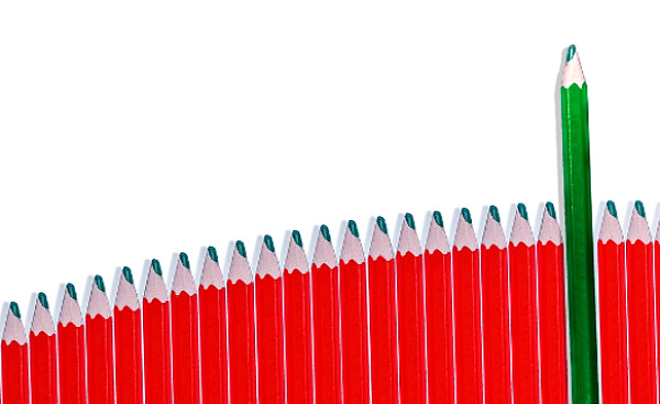 una matita verde che spicca in mezzo a una fila di matite rosse