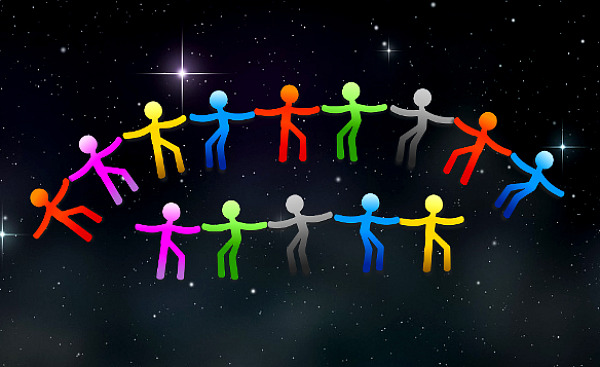 colorful figures holding hands in the starry sky