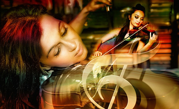 a woman playing violin with a superimposed etheric version of her