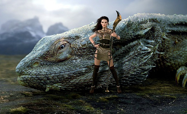 an Amazonian woman warrior standing next to a dragon