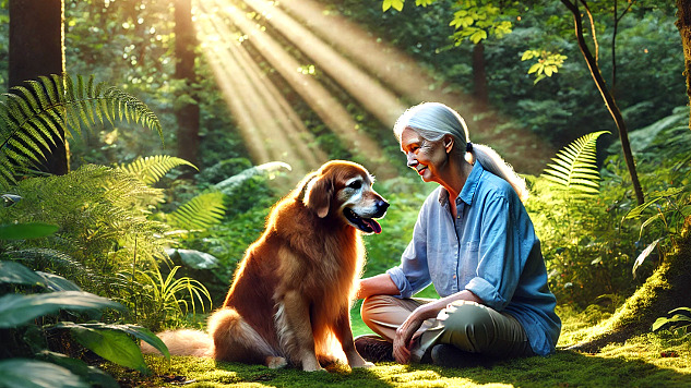 image of an older woman sittting in the forest with a dog