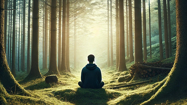 a person sitting meditation in a forest with radiant light in the foreground