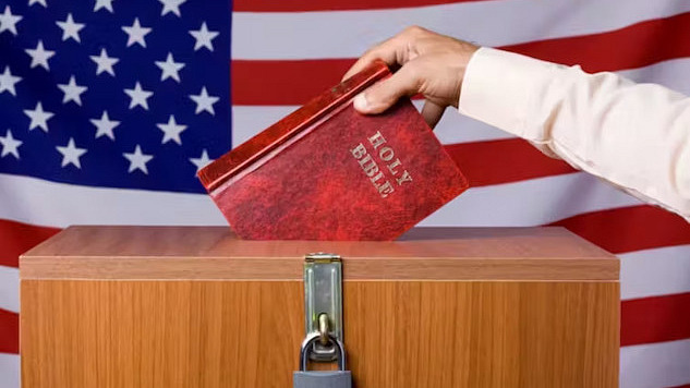 someone dropping a Bible into the ballot box in front of an American flag backdrop