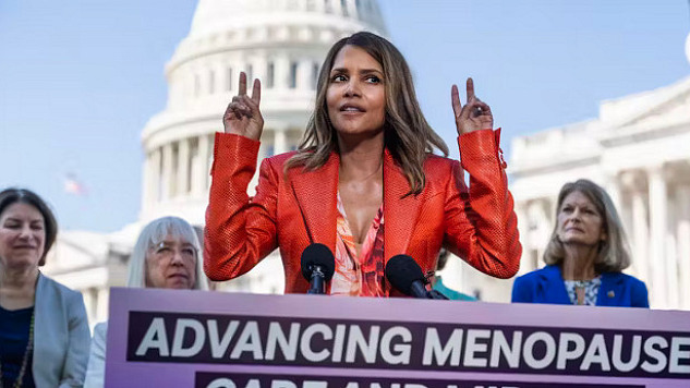 Actor Halle Berry standing in front of U.S. senators proclaiming that she’s in menopause.