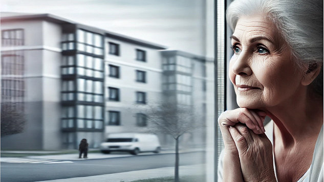 a senior woman looking peacefully out the window at an apartment housing complex