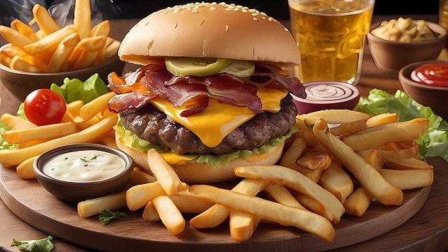 picture of a double cheeseburger, french fries, creamy dip, and more