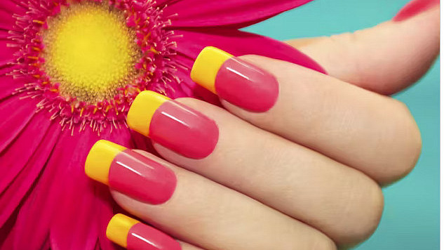 A person receiving a gel manicure with text overlay highlighting the potential health risks associated with gel manicures and acrylic nails.