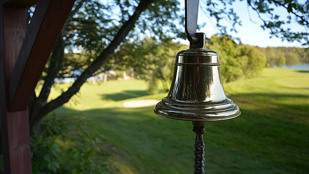 a bell or gong hanging from a tree