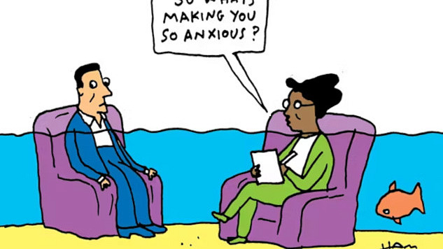 a cartoon of a counselor asking her patient why he is so anxious as the water rises around them