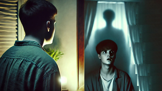 a young man looking in a mirror and seeing his reflection with a ghost behind it