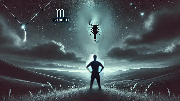 a man standing in a dark landscape with Scorpio symbols above him