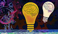 चमकीले पीले लाइटबल्ब में घिरे मस्तिष्क की रूपरेखा