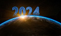 the number 2024 rising with the sun over the curvature of Planet Earth