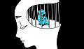 ein Umriss eines Kopfes mit Gefängnisstangen darin, der eine Person gefangen hält