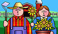a farmer and his wife, she's holding a pot of flowers in bloom