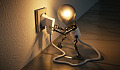 en pinnfigur med en glödlampa som ett huvud kopplas in i väggen