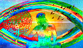 一幅水彩畫，描繪了一位坐在彩虹色眼睛中間冥想的女性