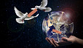 voëls van vrede (duiwe) wat pleisters op 'n beskadigde en gekraakte planeet Aarde plaas