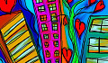 eine Zeichnung von farbenfrohen Gebäuden mit einem stilisierten Baum, der Herzen trägt