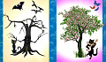 zwei Bilder – eines mit einem toten Baum und das andere mit einem blühenden Baum mit Schmetterlingen