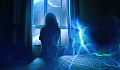 kvinde sidder på en seng med lyn og elektrisk energi omkring sig