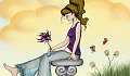 illustrasjon av en ung kvinne som sitter utenfor og holder en blomst